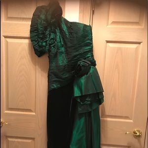 Emerald green satin and velvet full length gown.